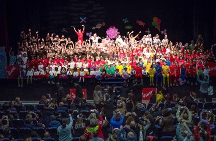 Los gimnastaS posaron al final del espectáculo para una gran foto de grupo ante la expectación del público, que abarrotó la sala. FERMINIUS.ES 