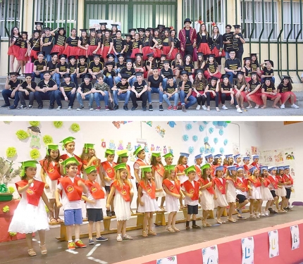 Arriba, foto de grupo del alumnado de 6º y abajo un momento de la fiesta de los escolares de 5 años.